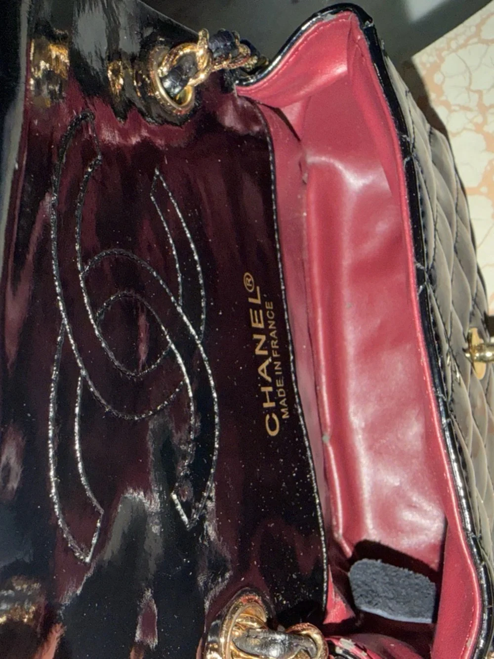 CHANEL Vintage Black Quilted Patent Mini Crossbody with Gold Hardware